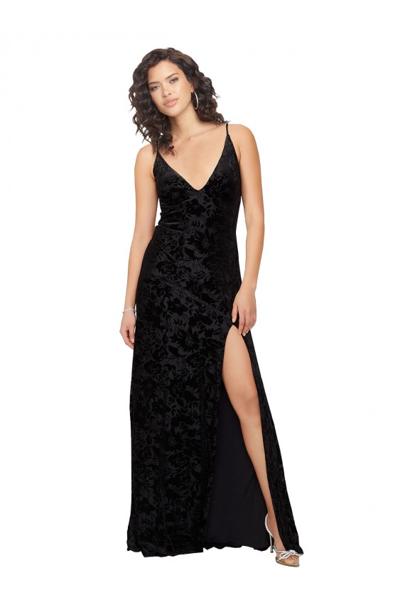 Discount V-Neck Cowl Back Floral Velvet Bridesmaid Dress with Front Slit and Deep V-Neck