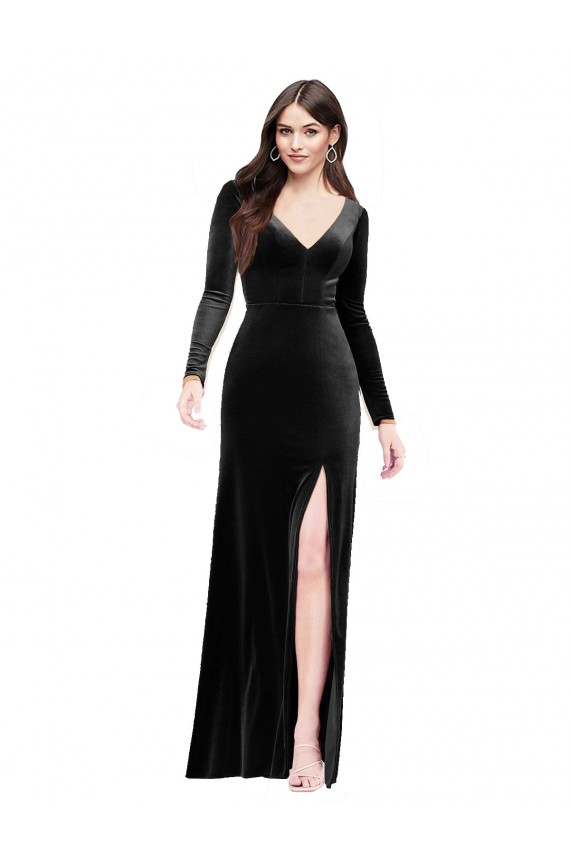 Discount Long Sleeves Formal Velvet Bridesmaid Dress / Prom Dress with V-Neckline and Thigh Slit