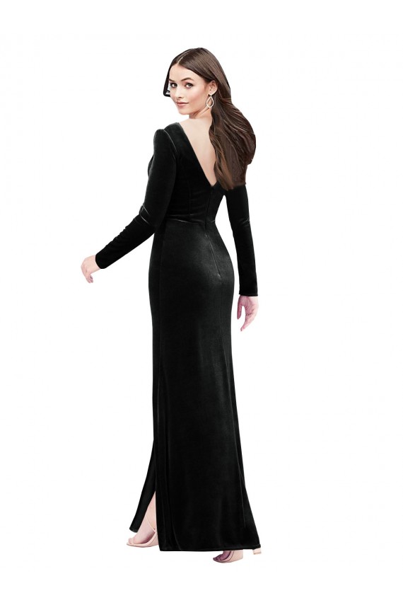 Discount Long Sleeves Formal Velvet Bridesmaid Dress / Prom Dress with V-Neckline and Thigh Slit