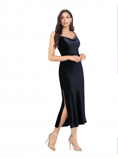 Discount Midi Cocktail Length Formal Velvet Bridesmaid Dress / Prom Dress with Cowl Neck and Spaghetti Straps