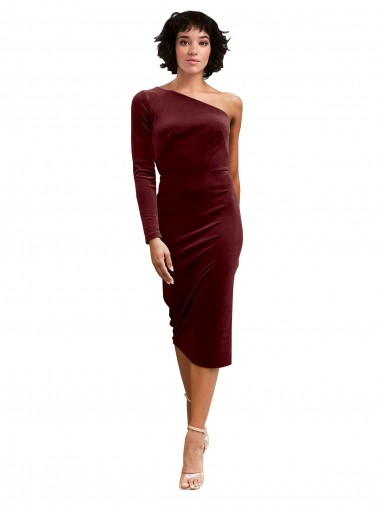Discount One Shoulder Fitted Short Midi Length Velvet Bridesmaid Dress / Prom Dress