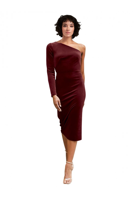 Discount One Shoulder Fitted Short Midi Length Velvet Bridesmaid Dress / Prom Dress