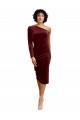 Discount One Shoulder Fitted Short Midi Length Velvet Bridesmaid Dress / Prom Dress