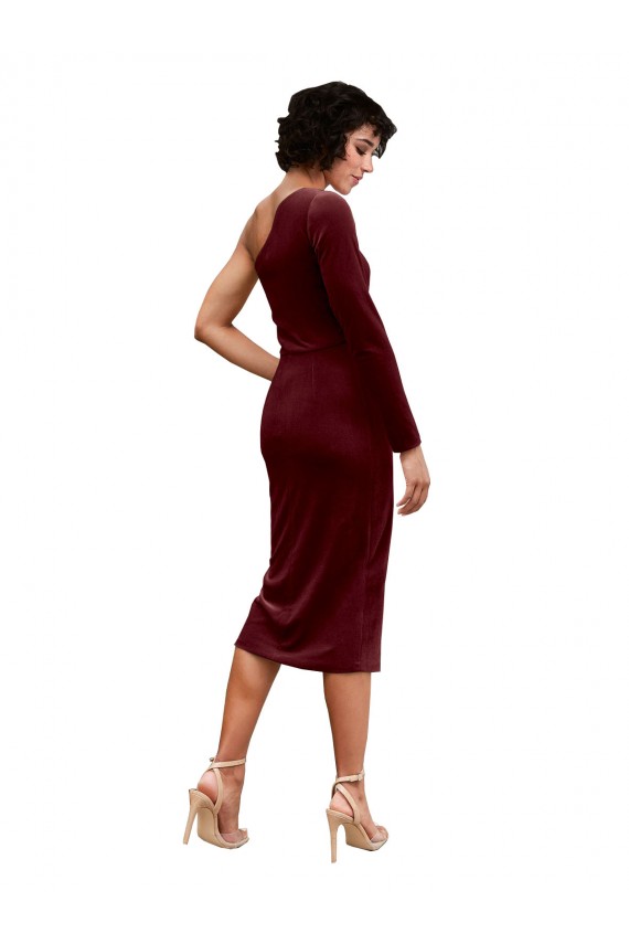Discount One Shoulder Fitted Short Midi Length Velvet Bridesmaid Dress / Prom Dress