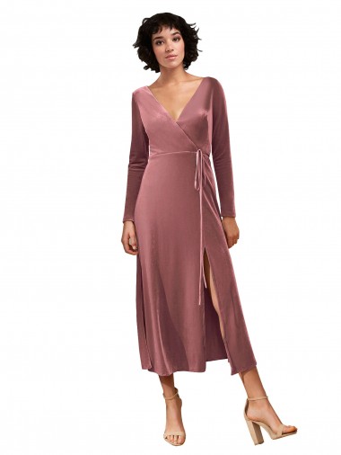 Discount Long Sleeve Velvet Faux Wrap Midi Length Bridesmaid Dress / Prom Dress