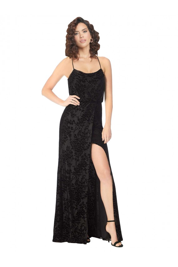 Discount Floral Velvet Cowl Neck Bridesmaid Dress with Skirt Slit