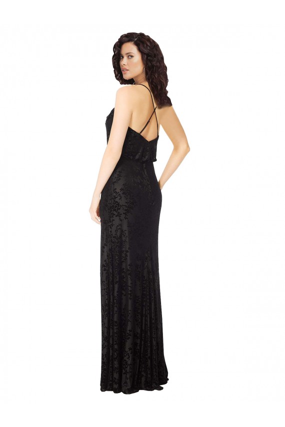 Discount Floral Velvet Cowl Neck Bridesmaid Dress with Skirt Slit