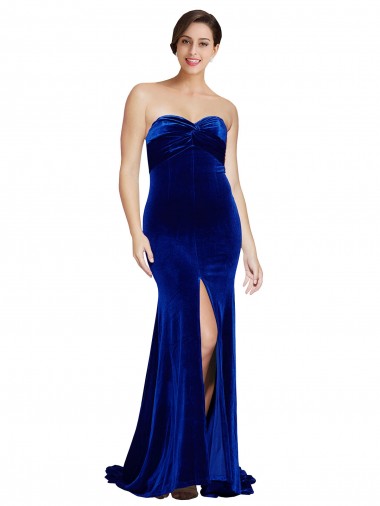 Discount Strapless Ruched Formal Velvet Bridesmaid Dress / Prom Dress with Sweep Train and Front Slit