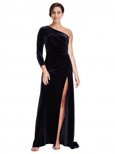 Discount One Sleeve Long Formal Velvet Bridesmaid Dress / Prom Dress with Thigh High Split