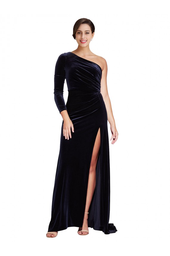 Discount One Sleeve Long Formal Velvet Bridesmaid Dress / Prom Dress with Thigh High Split