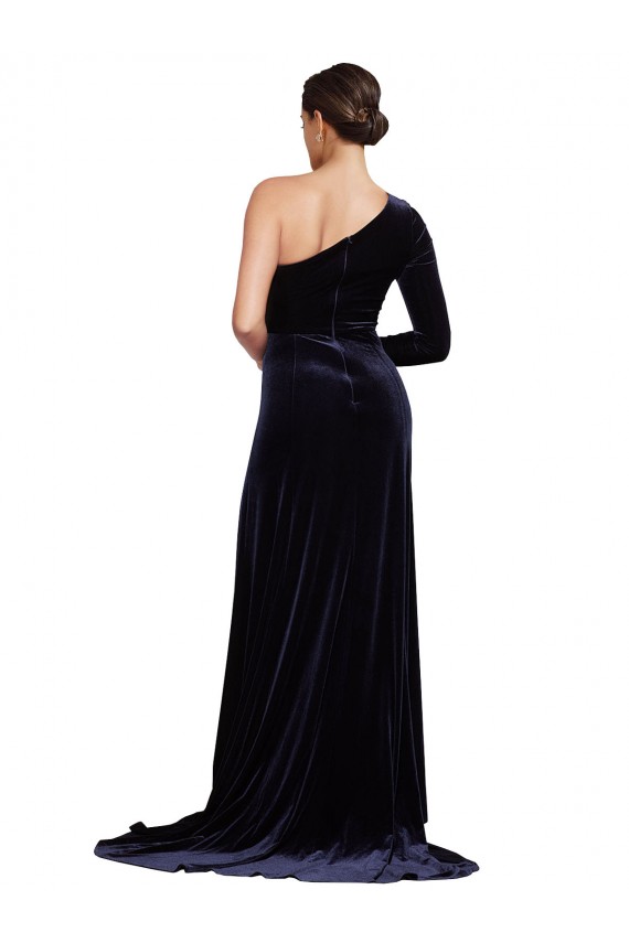 Discount One Sleeve Long Formal Velvet Bridesmaid Dress / Prom Dress with Thigh High Split
