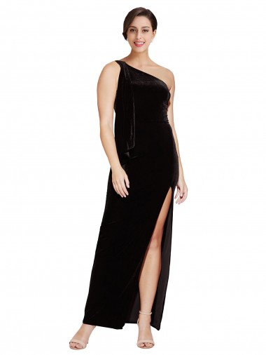 Discount One Shoulder Long Formal Velvet Bridesmaid Dress / Prom Dress with Side Split and Shoulder Tie