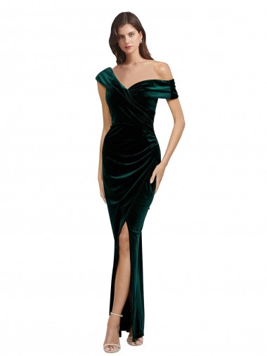 Discount Long Asymmetric Neckline Ruched Formal Velvet Bridesmaid Dress / Prom Dress