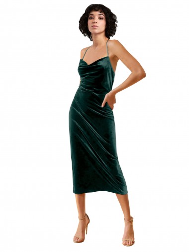 Discount Midi Cocktail Length Sleek Cowl Neckline Short Formal Velvet Bridesmaid Dress / Prom Dress