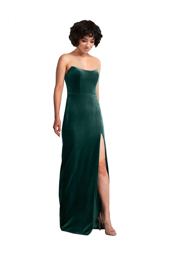 Discount Scooped Strapless Long Formal Velvet Bridesmaid Dress / Prom Dress with Daring Side Slit