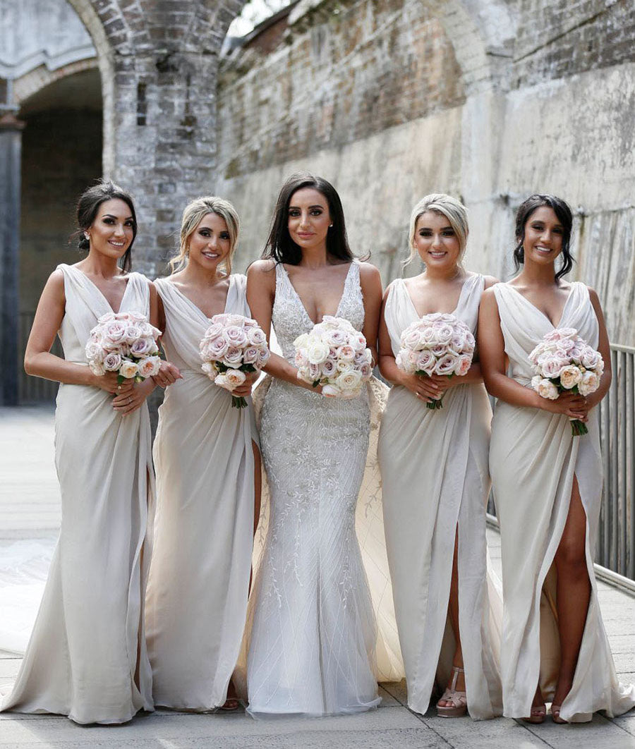 Full Length Luxe Chiffon Long Champagne bridesmaid dresses with Sexy High Slit and Front Ruffles