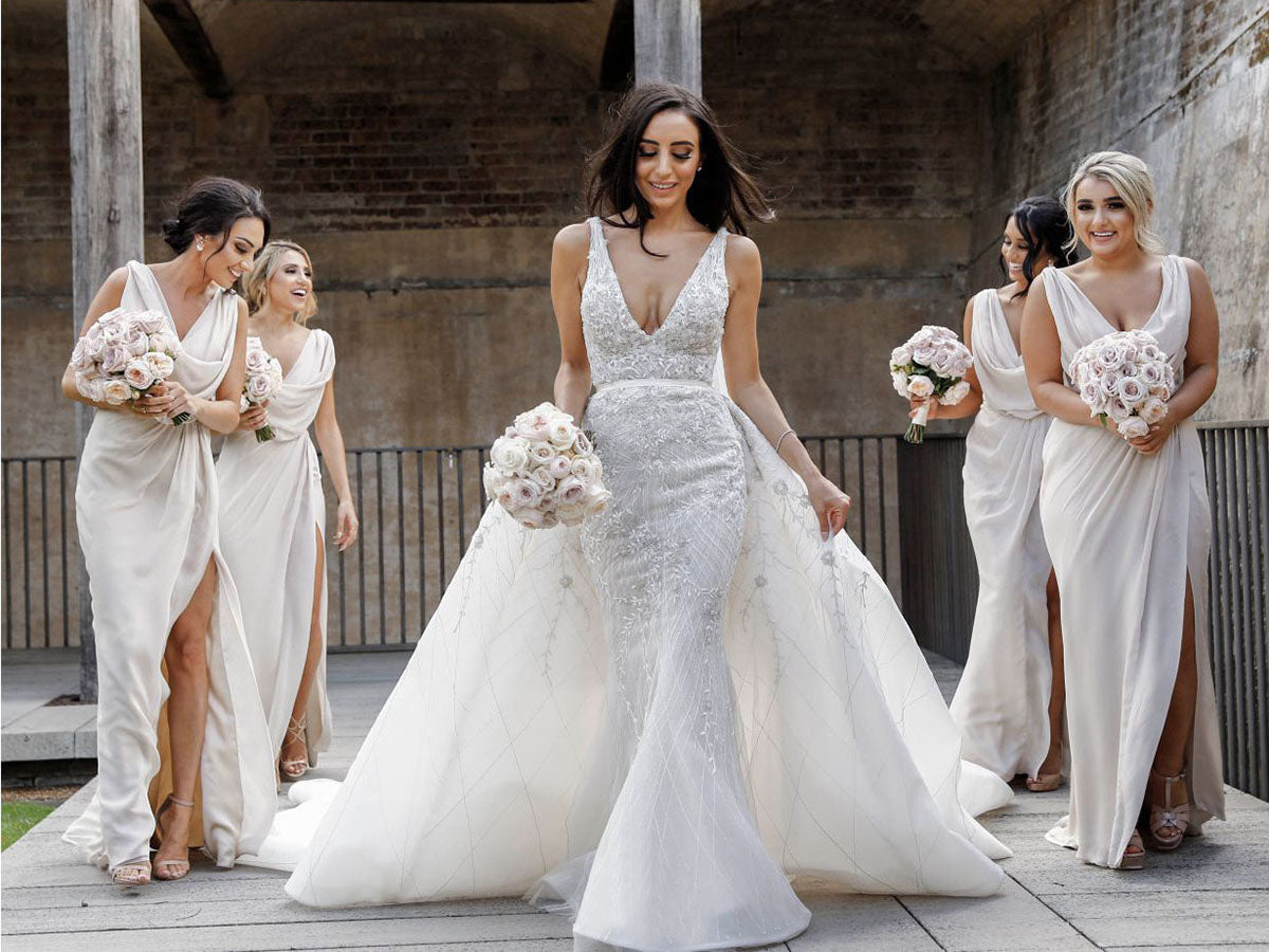 Full Length Luxe Chiffon Long Champagne bridesmaid dresses with Sexy High Slit and Front Ruffles