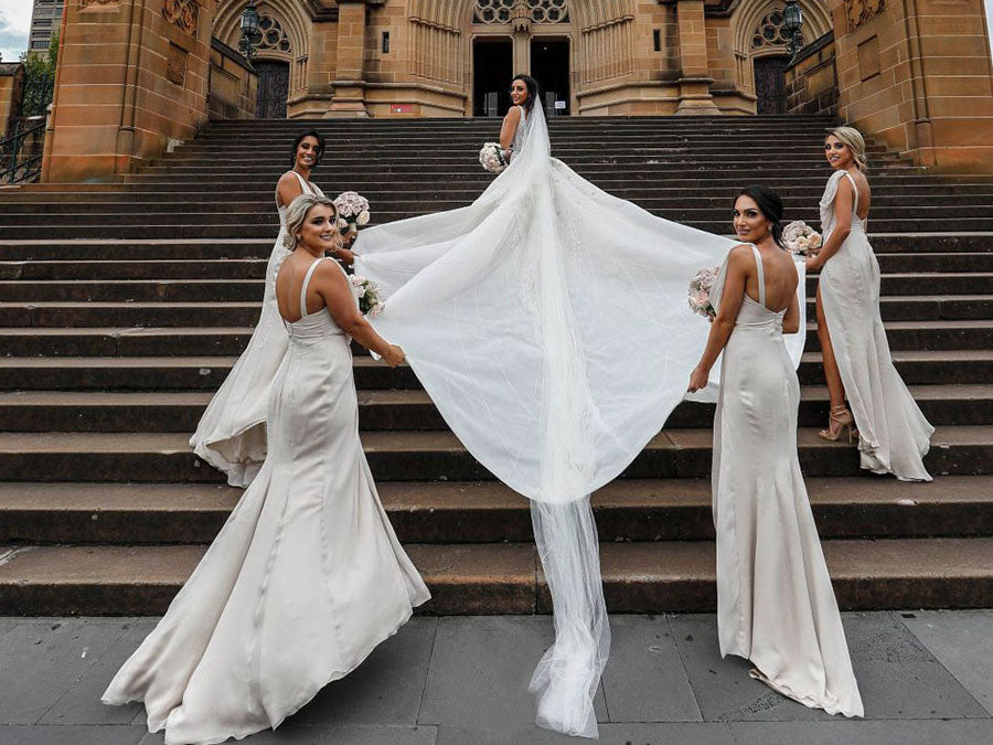 Full Length Luxe Chiffon Long Champagne bridesmaid dresses with Sexy High Slit and Front Ruffles