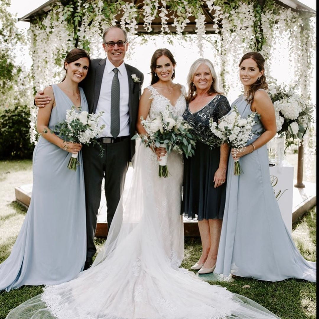 Dusty Blue Full Length Luxe Chiffon Long Champagne bridesmaid dresses with Sexy High Slit and Front Ruffles