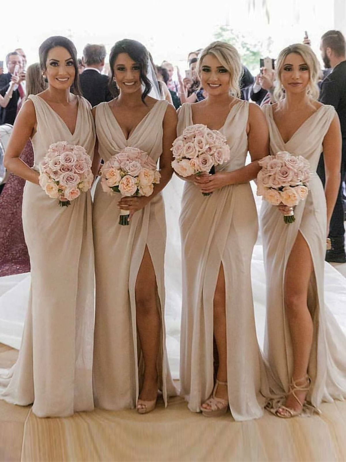 Champagne Full Length Luxe Chiffon Long Champagne bridesmaid dresses with Sexy High Slit and Front Ruffles
